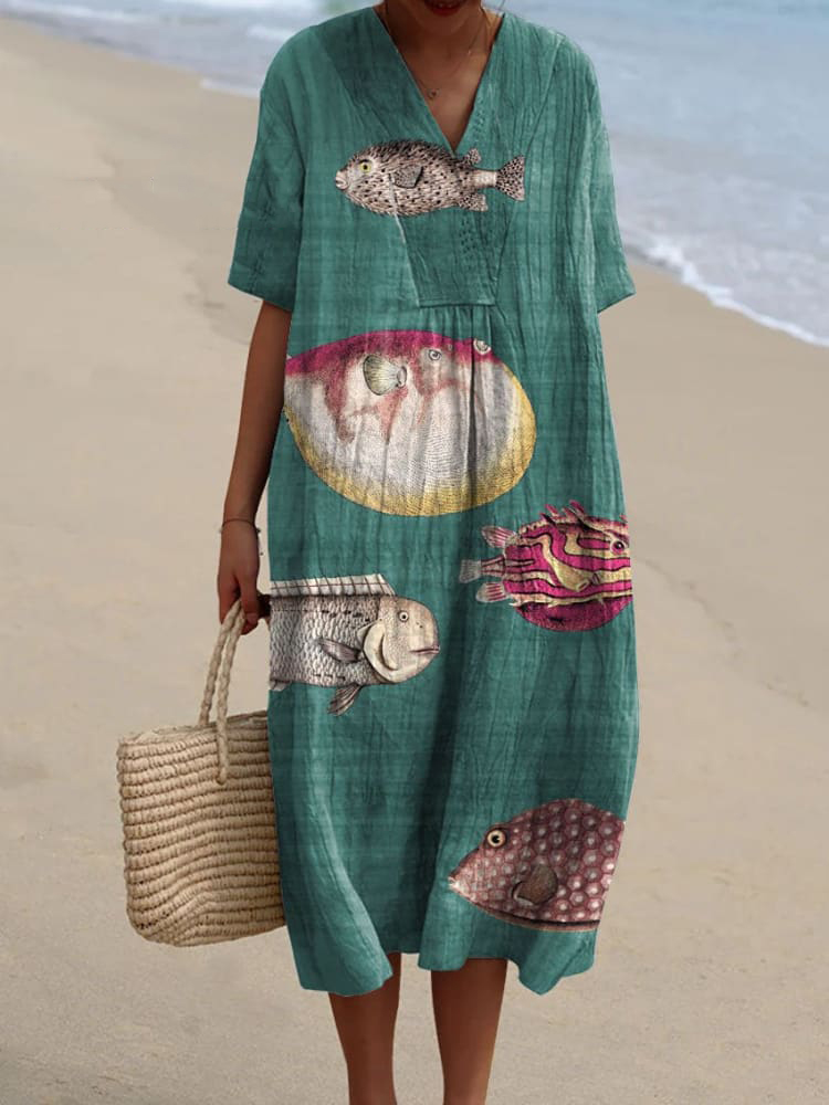 Women's Vintage Lovely Fish Art Print Flowy Dress