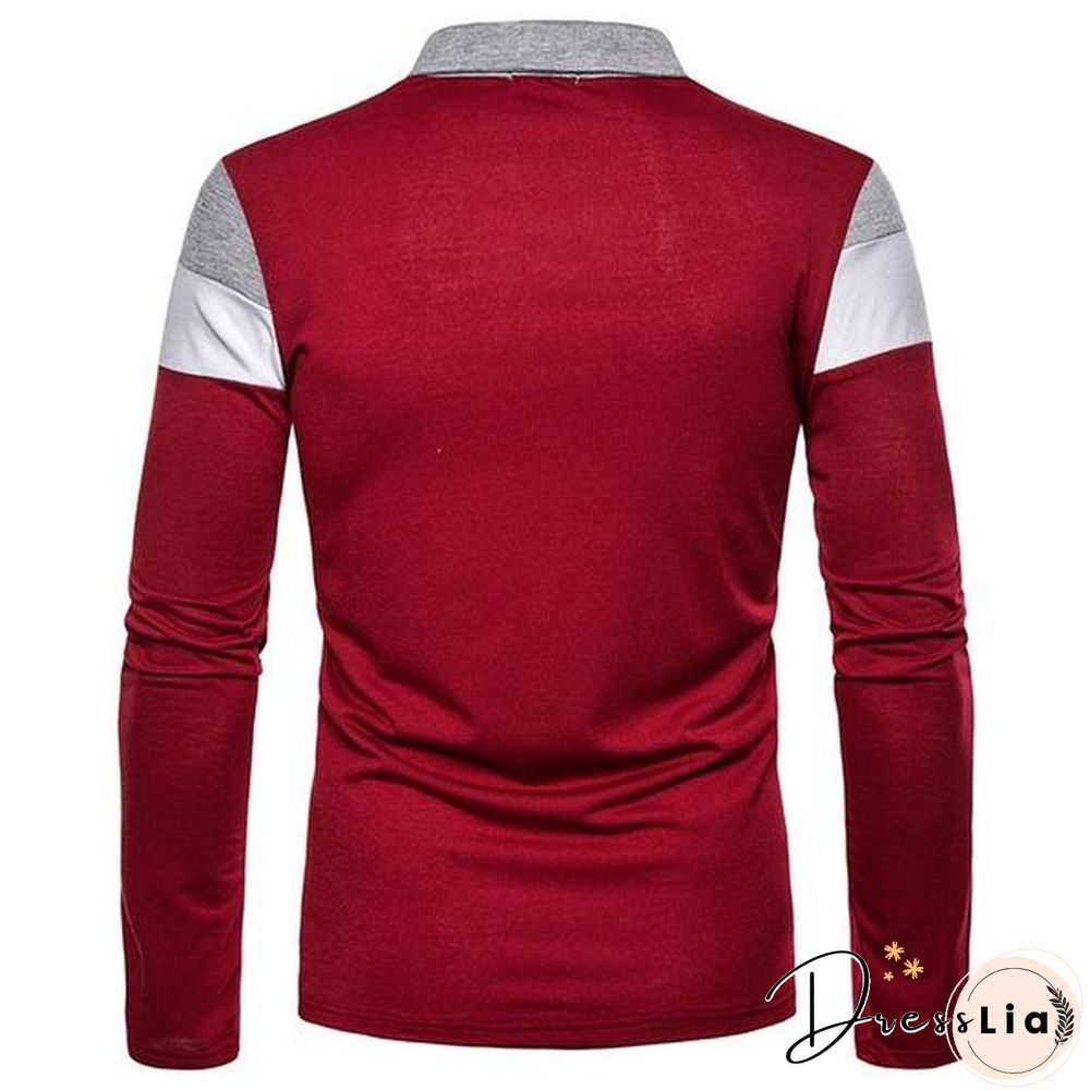 Fashion Men Lapel Long Sleeve Tri-color Striped Stitching Shirts