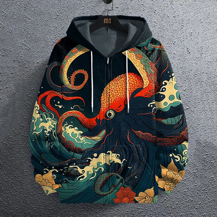 Men's Japanese Art Sea Wave Octopus Print Zip Up Hoodie