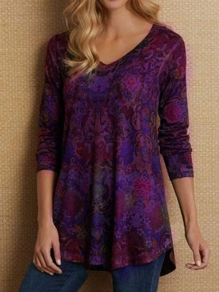 Brownm Stylish Women's Floral V-neck Loose T-shirt