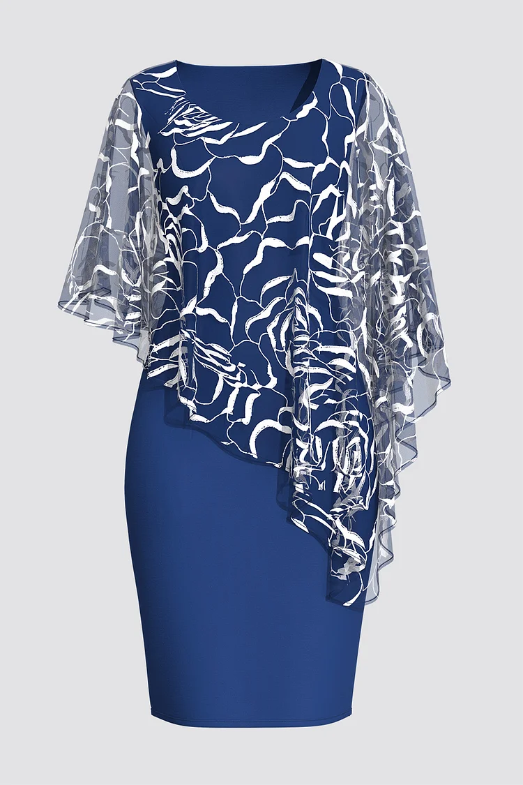 Flycurvy Plus Size Formal Dark Blue Floral Tulle Cape Sleeve Bodycon Midi Dress  Flycurvy [product_label]