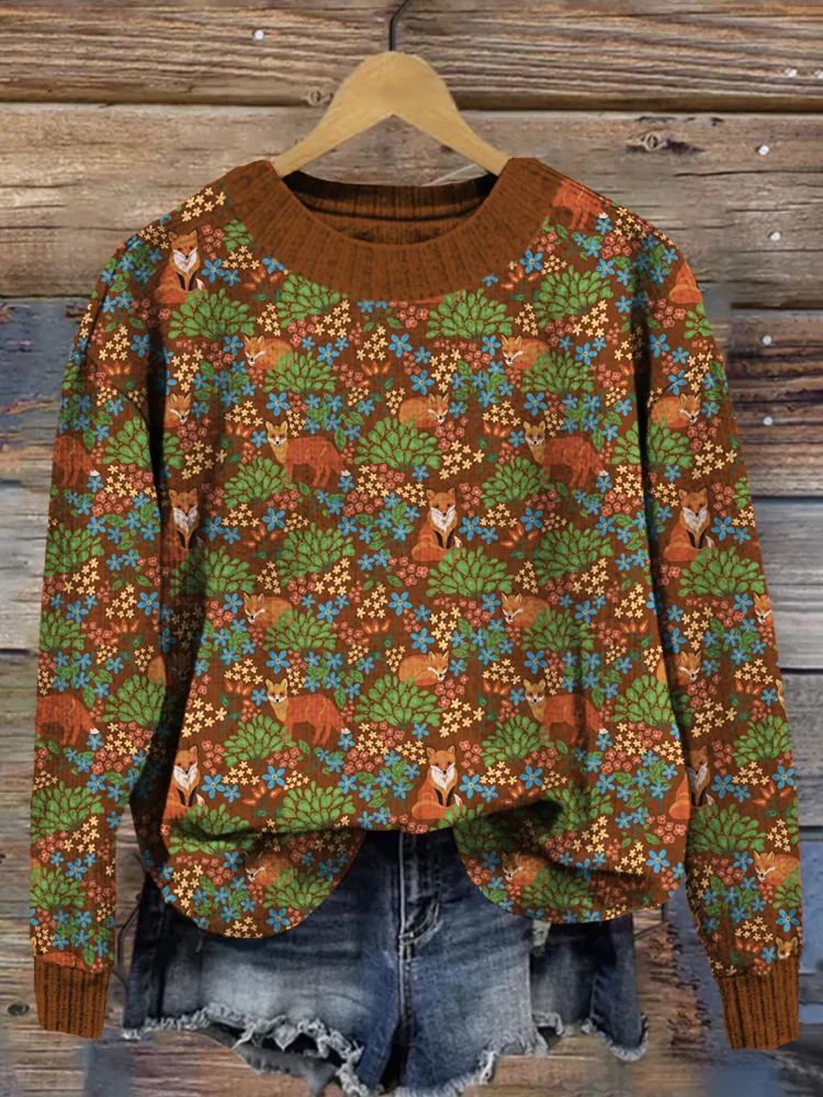 Flowers with Cute Fox Family Graphic Cozy Sweater