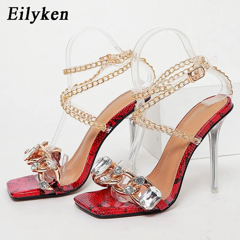 Eilyken Newest Crystal Chain Women Sandals Summer Party Wedding Shoes Sexy Fashion Square Toe Transparent Perspex Stiletto Heels