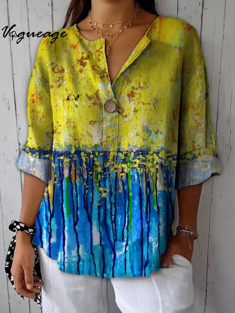 Bright And Elegant Artistic Colors Printed Cotton And Linen Shirt