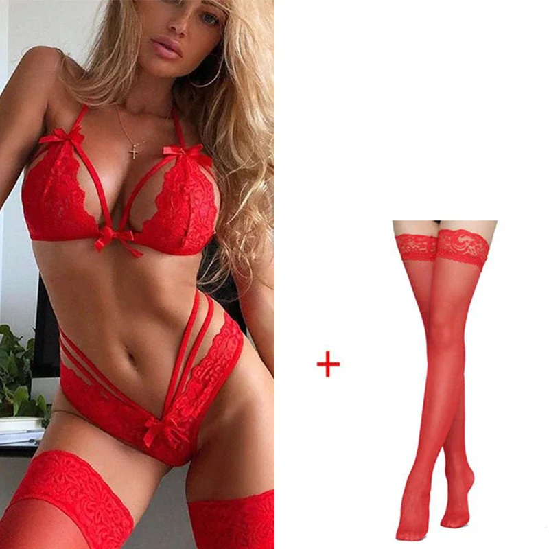 Billionm Women Sexy Lingerie Transparent Lace Open Bra Set Red Bowknot High Waist G-String And Underwear Set Comfortable Nightwear Bras