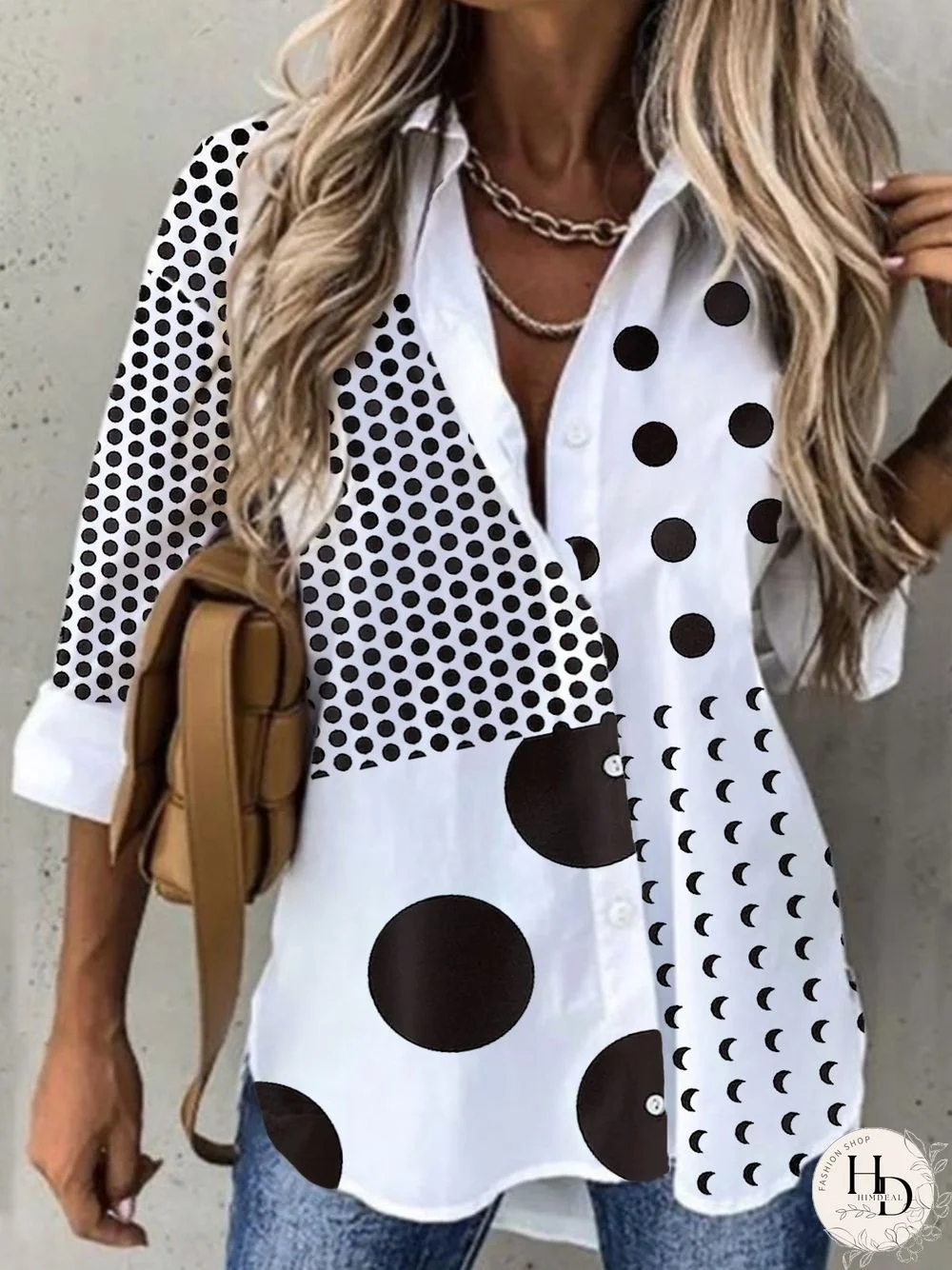Casual Polka Dots Long Sleeve Shirt Collar Plus Size Printed Blouses