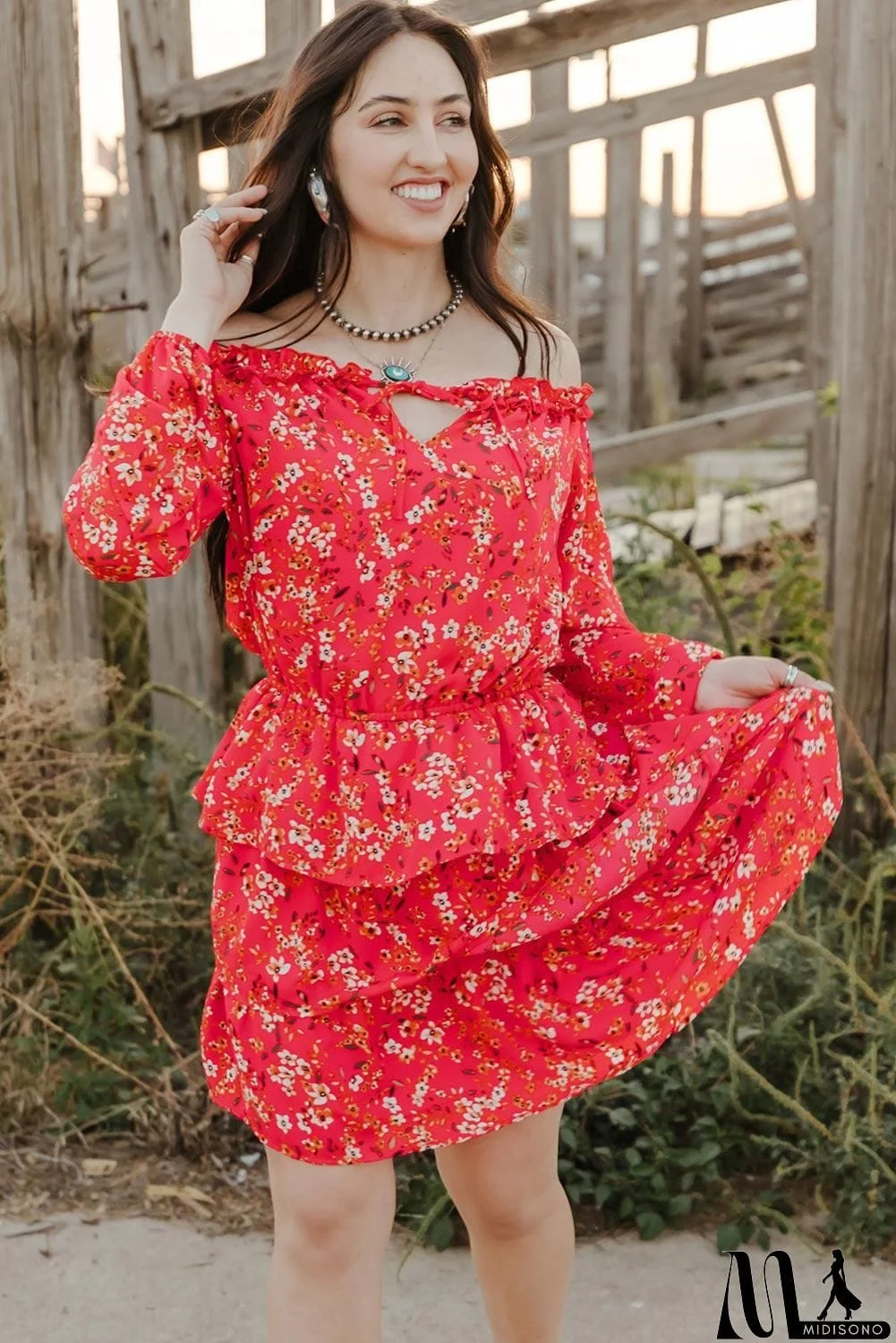 MidiSono - Floral Frill Trim Off-Shoulder Layered Dress