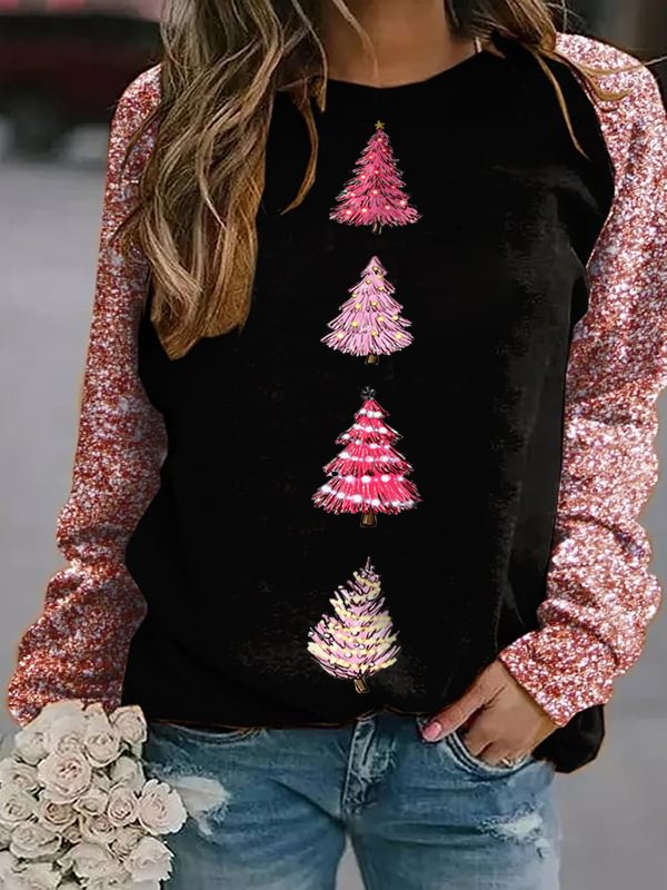Women's Pink Christmas Tree Print Long Sleeve Sweatshirt
