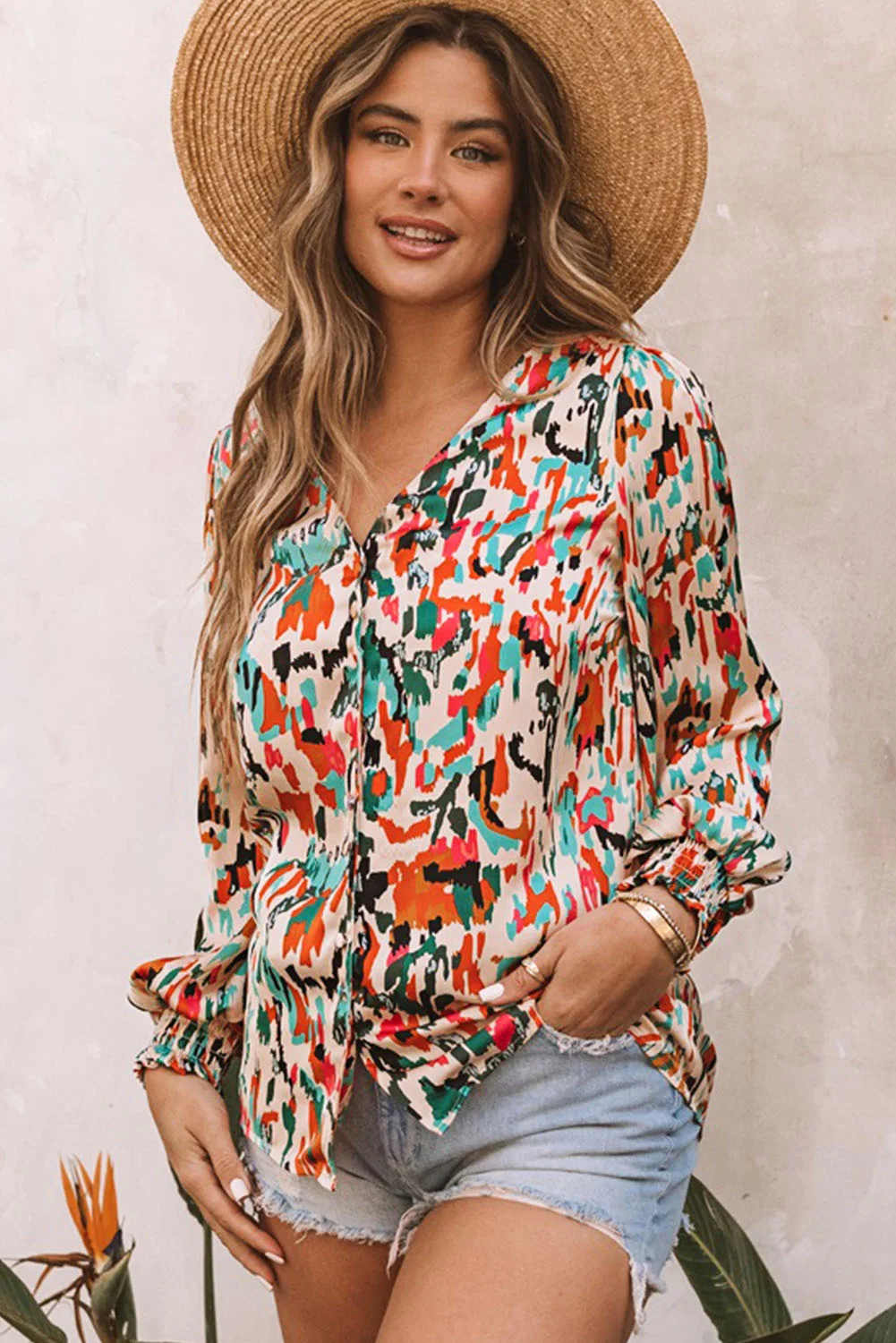 Multicolor V Neck Abstract Print Long Sleeve Shirt | IFYHOME