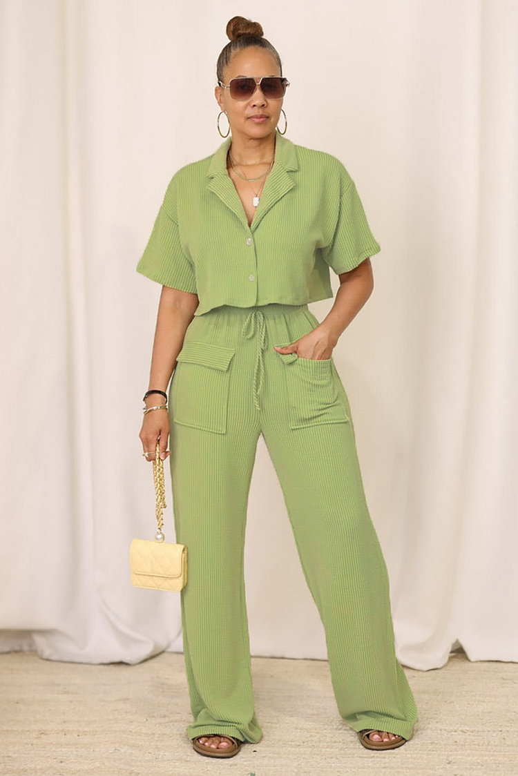 Notch Collar Short Sleeve Crop Blouse Pocket Straight Leg Pants 2pcs Set-Green