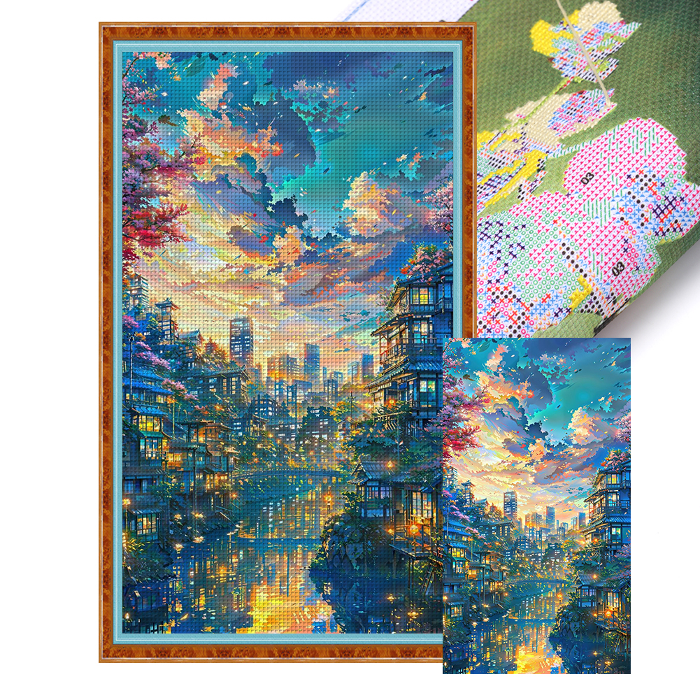 Small Town Scenery Full 14CT Pre-stamped Canvas(40*70cm) Cross Stitch