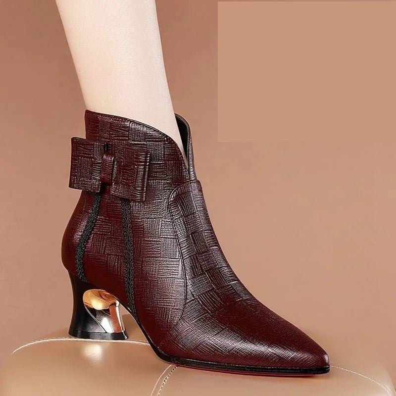 FHANCHU Soft Leather Women Ankle Boots,Bowtie Winter Shoes,Short Botas,Pointed toe,Strange Heel,Brown,Black,Wine-red,Dropship