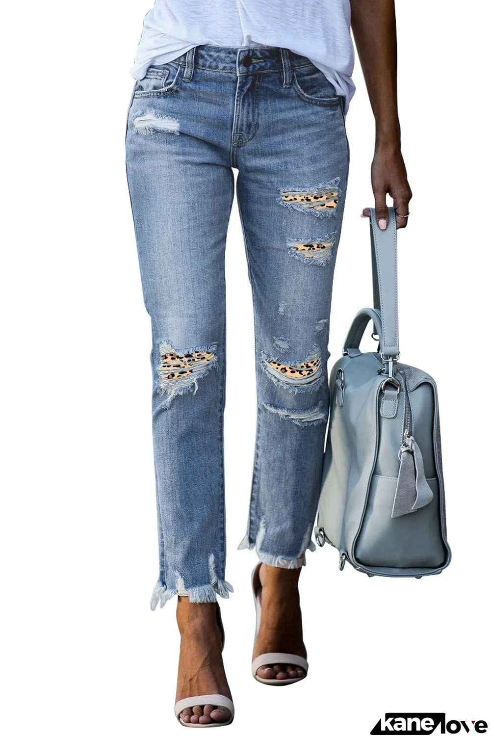 Print Patch Distressed Raw Hem Jeans