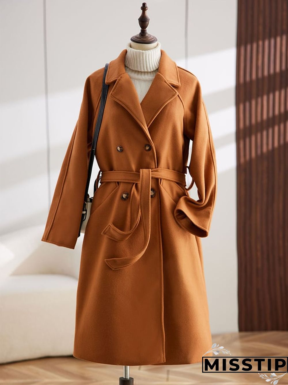 Women's Fashion Loose Tie Waist Pea Coat with Belt