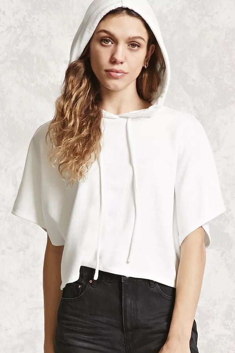 Solid Drawstring Hooded Sweatshirt With Short Sleeves - Shop Trendy Women's Clothing | LoverChic