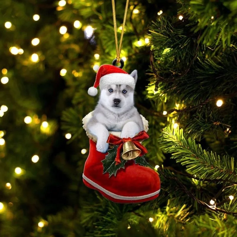 VigorDaily Siberian Husky In Santa Boot Christmas Hanging Ornament SB124