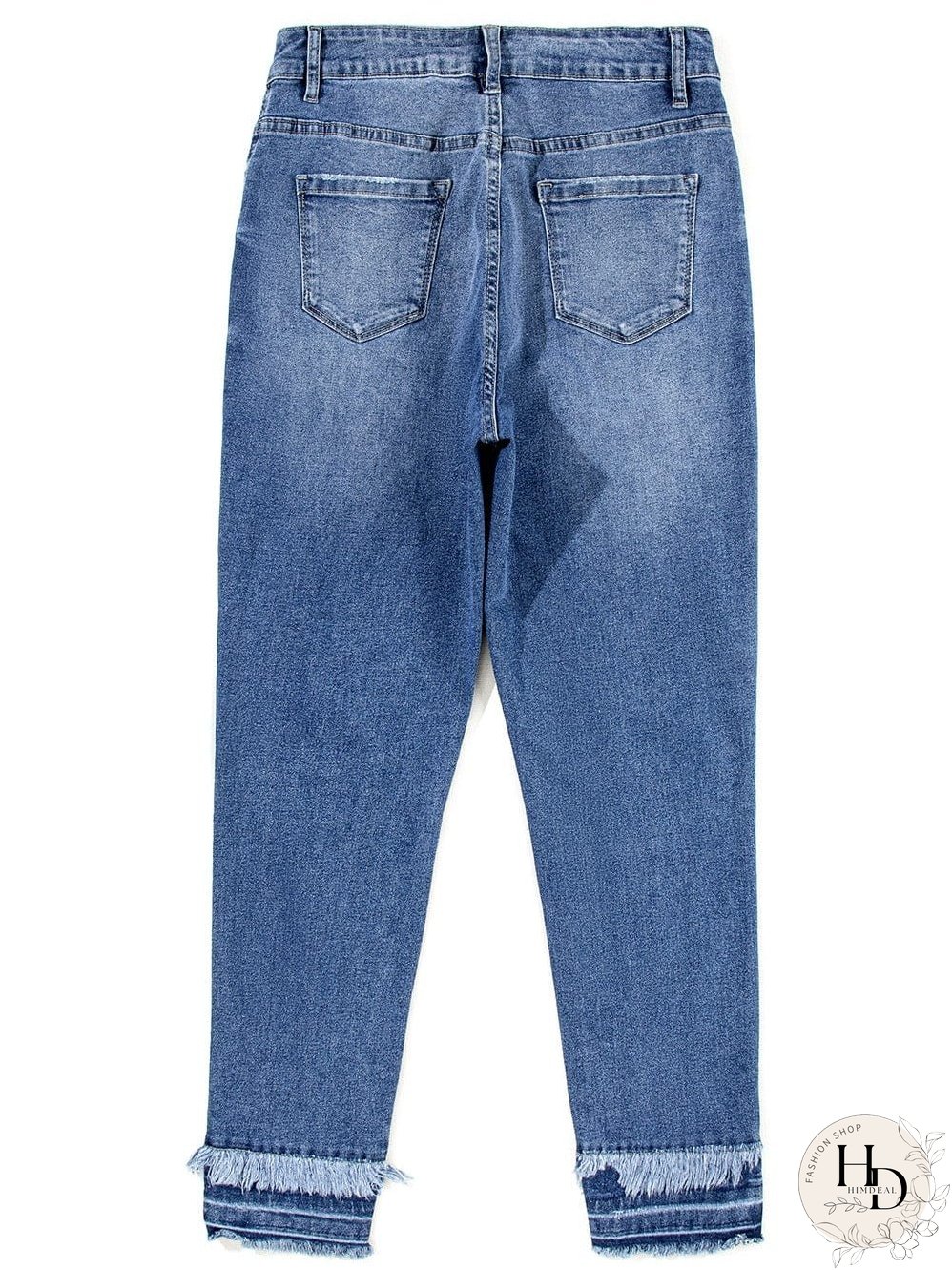 Blue Raw Hem Straight Jeans with Leopard Print Patchwork Detail and Ripped Holes - Women's Denim Clothing