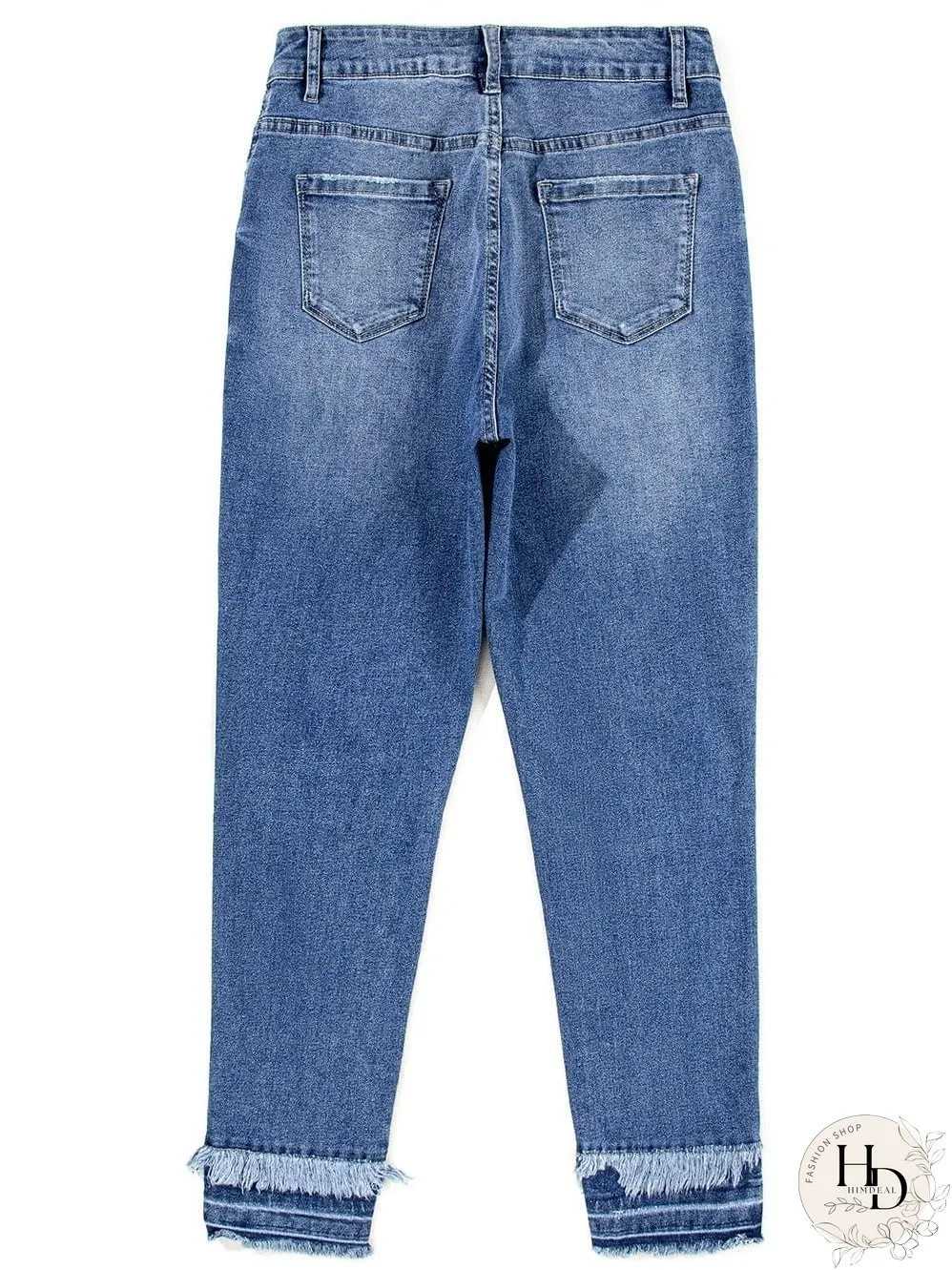 Blue Raw Hem Straight Jeans with Leopard Print Patchwork Detail and Ripped Holes - Women's Denim Clothing