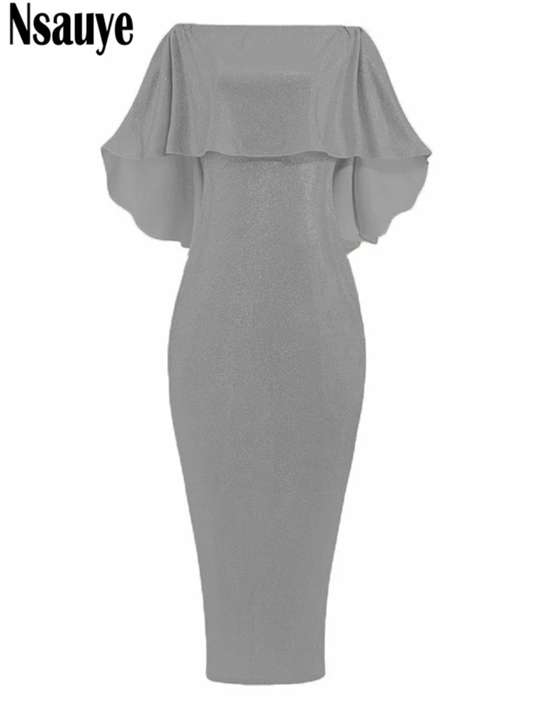 Nsauye 2022 Bling Glitter Elegant Party Evening Maxi Dress Y2K Bodycon Sexy Women Summer Off Shoulder Ruffles Solid Long Dresses