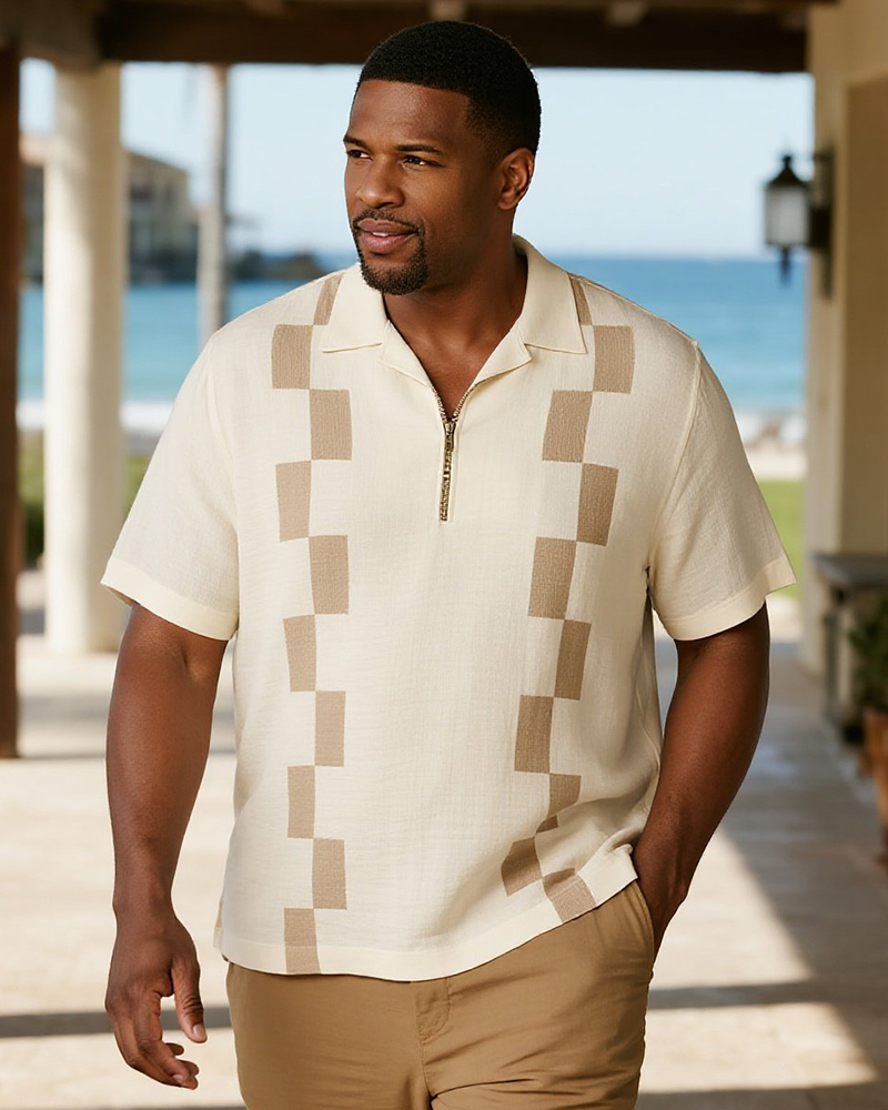 Big & Tall Men's Business Beige Kaka Square Geometric Printed Short Sleeve Zipper POLO Shirt