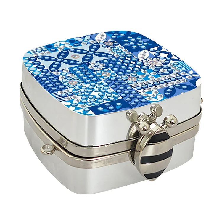 Blue Mandala Diamond Painting Mirror Bag Rhinestone Jewelry Box for Women (Silve