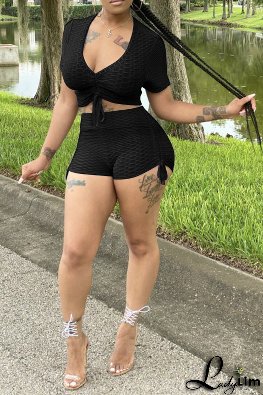 Grey Fashion Solid Patchwork V Neck Short Sleeve Two Pieces