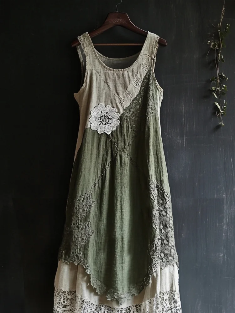 Vintage Lace Patchwork Comfy Linen Tank Dress