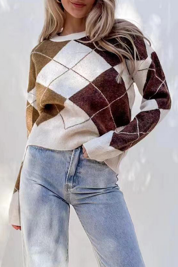 Casual Plaid Split Joint  Contrast O Neck Tops