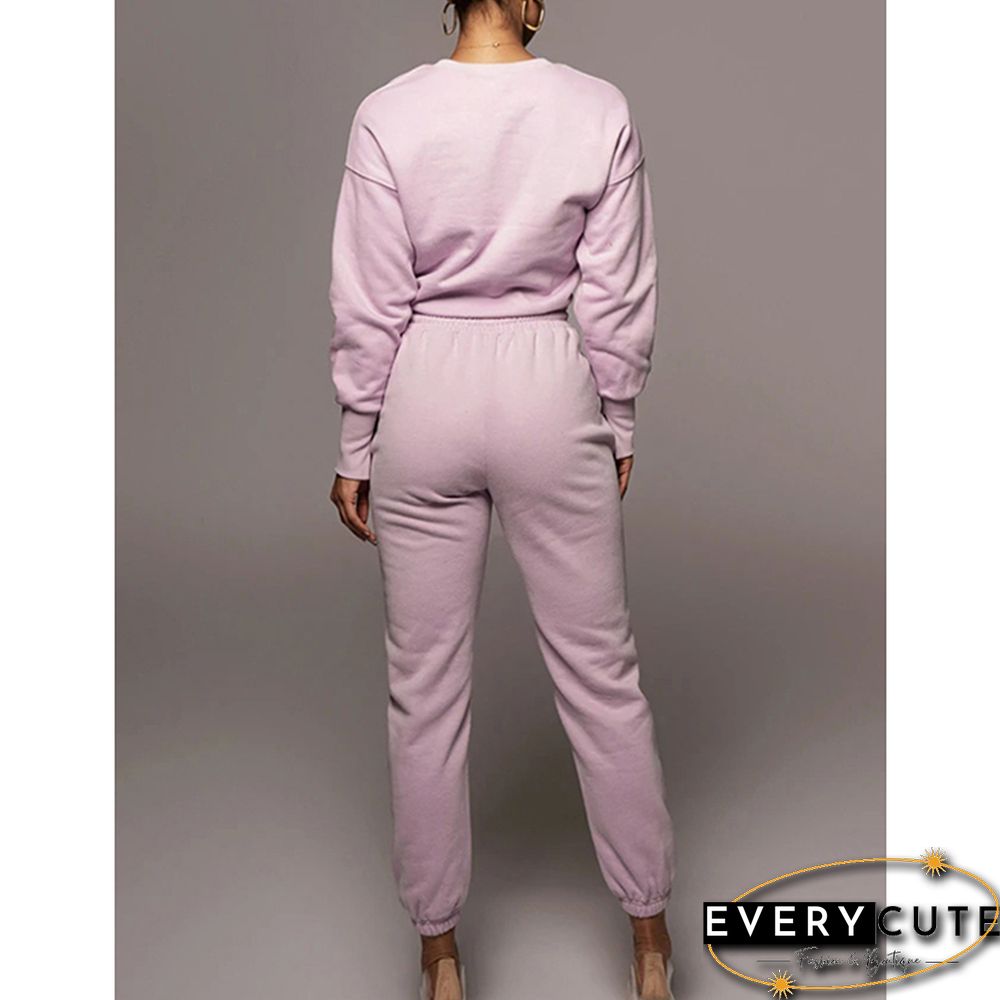 Pink Wrap V Neck Crop Hoodie and Pant Set