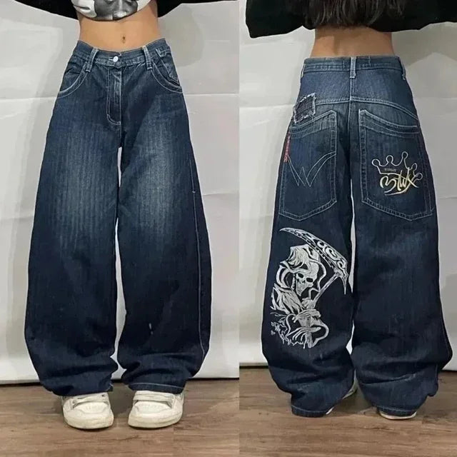 OLCooL Y2K Baggy Jeans Streetwear Womens Hip Hop Skull Graphic Jeans Black Pants New Harajuku Gothic High Waisted Wide Leg Trousers olcool