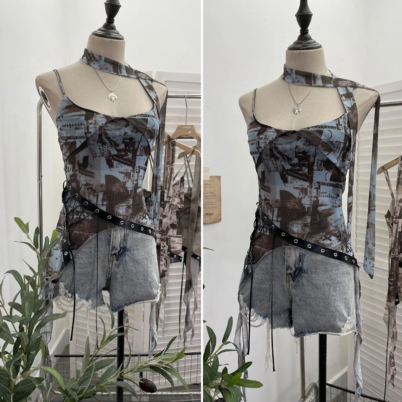 Uveng Spice Girls Newspaper Tie-Dye Printing Net Waste Vest Irregular Rope Ribbon 1197