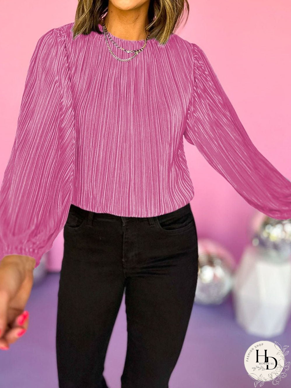 Lustrous Pink Pleated Bonbon Blouse with Puff Sleeves