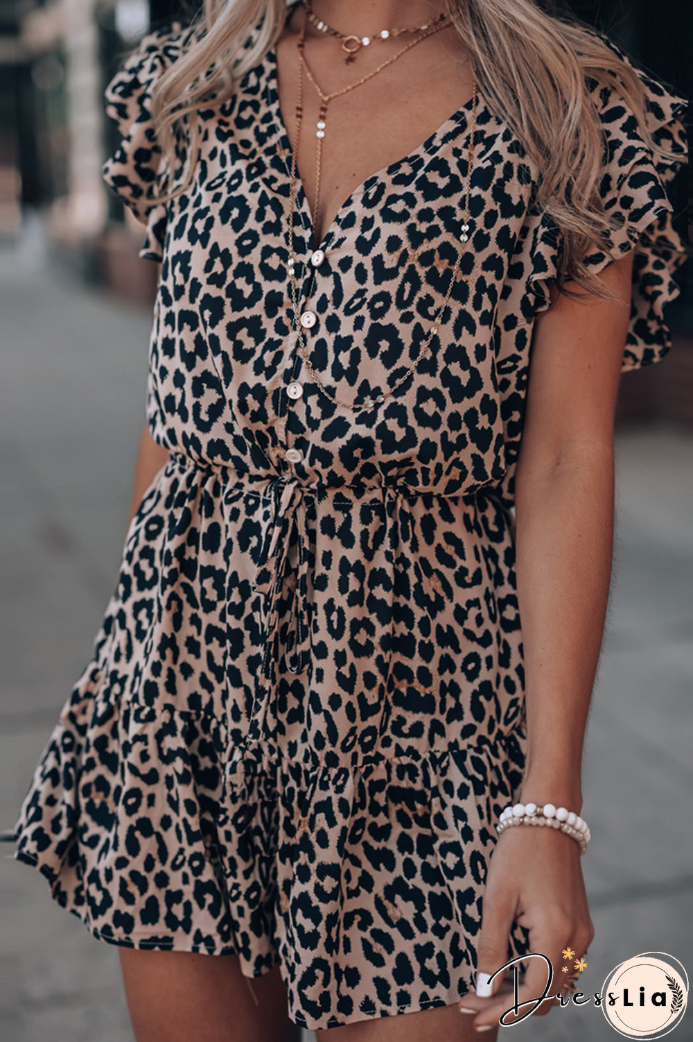 KarliDress V-neck Leopard Flounce Short Sleeve Romper P12890