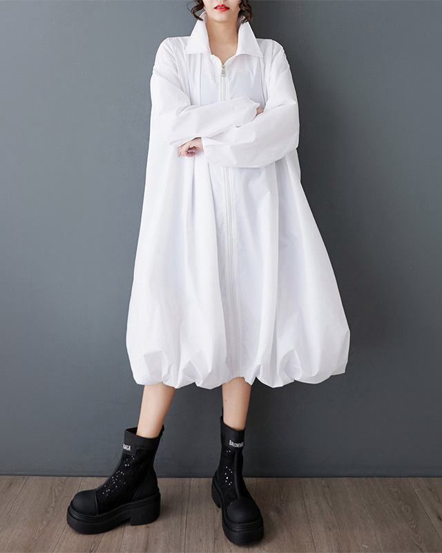 Shirt Collar Zipper Balloon Sleeve Loose Midi Dress