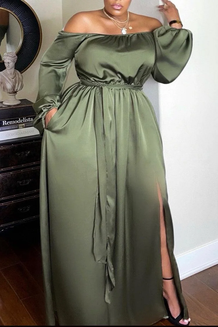 Xpluswear Plus Size Green Off Shoulder Split Joint Bandage Solid With Pockets Maxi Dress