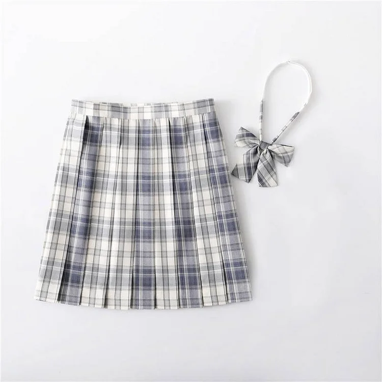 Plaid JK Uniform High Waist Pleated Skirt With Bow Tie - Modakawa Modakawa