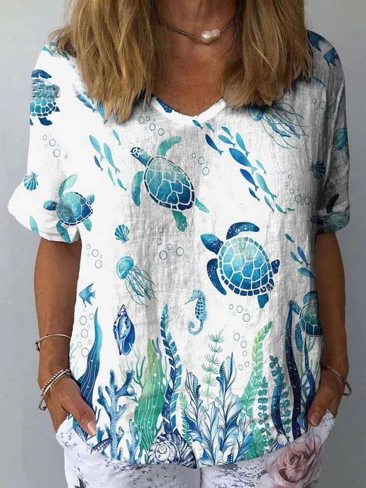 Women's Turtle Art Print Casual Cotton And Linen Shirt