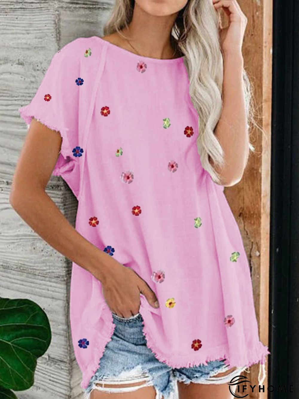 Crew Neck Floral Cotton-Blend Fit T-Shirts | IFYHOME