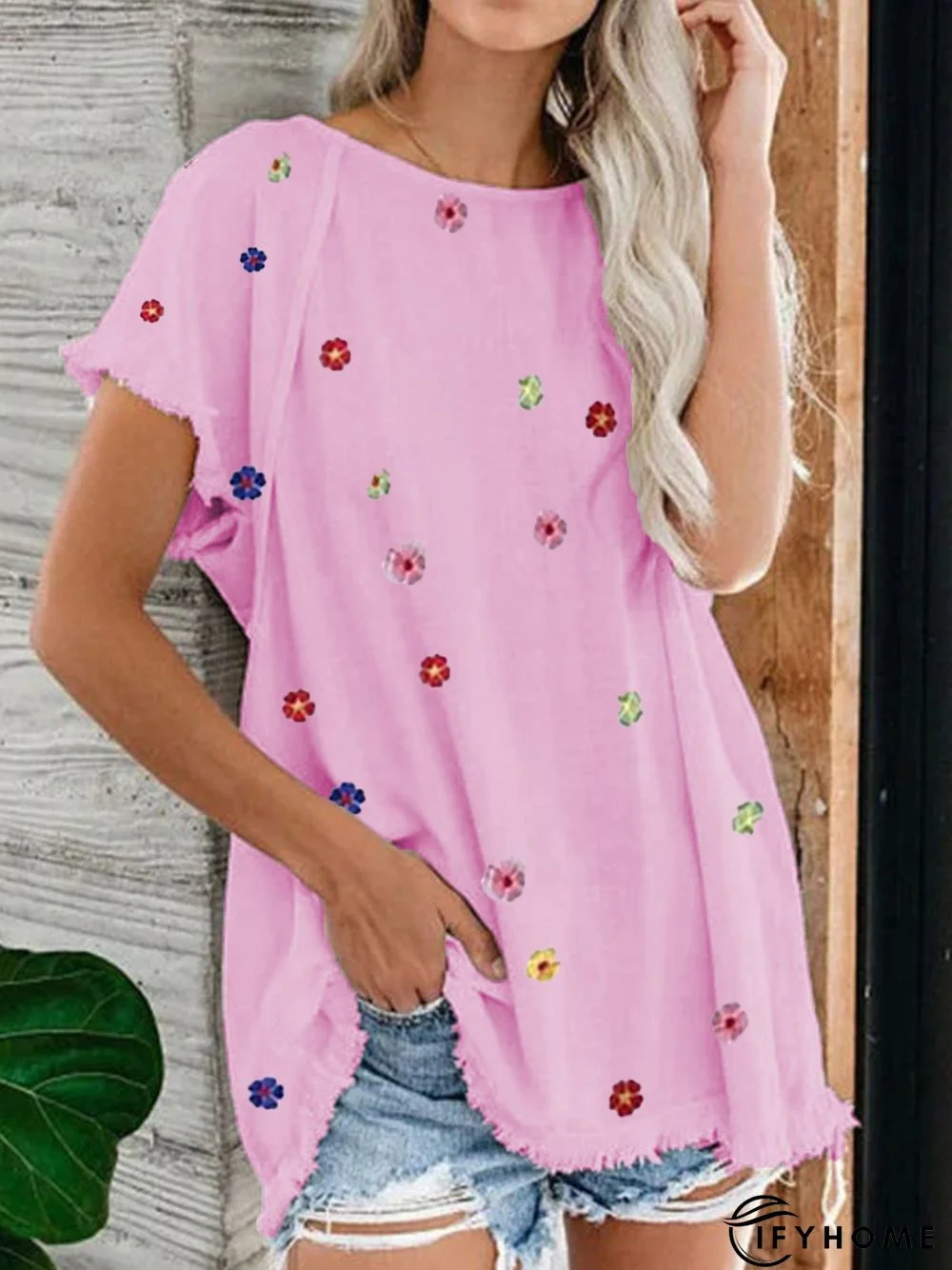 Crew Neck Floral Cotton-Blend Fit T-Shirts | IFYHOME