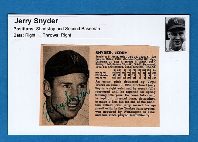 1952-58 JERRY SNYDER-WASHINGTON SENATORS AUTOGRAPHED Photo Poster painting-EX-MINT