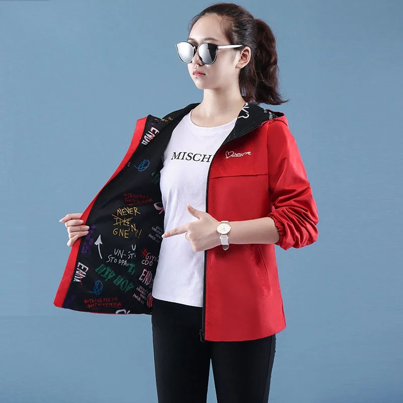 NEEDBO Women Hooded Jackets Two Side Wear Print Outwear Coat Female Windbreaker Tops Pocket Zipper Jackets Causal Windbreaker