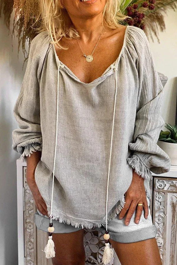 V-Neck Tie Flare Sleeve Blouse