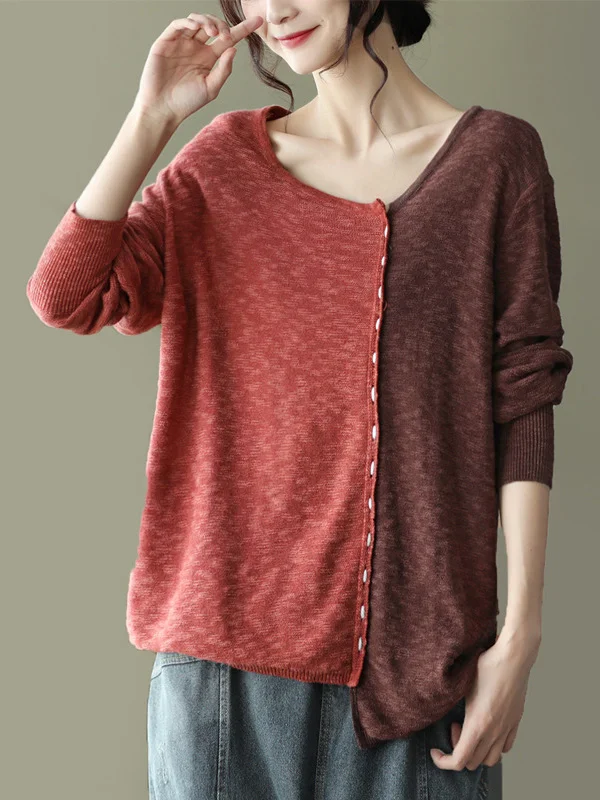 Simple Long Sleeves Contrast Color Knitting Split-Joint Pullover