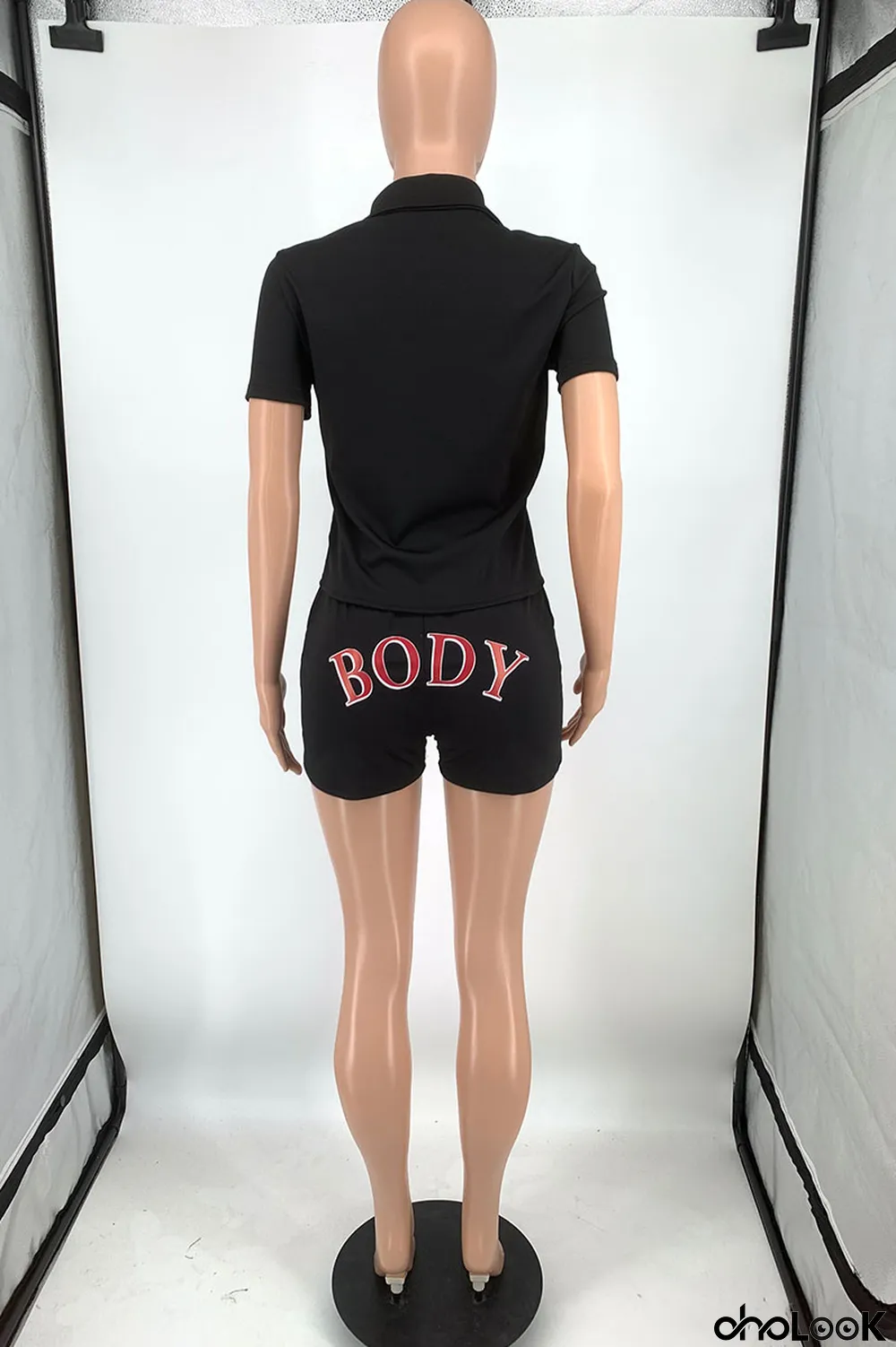 Water Blue Casual Print Letter Turndown Collar Short Sleeve Two Pieces