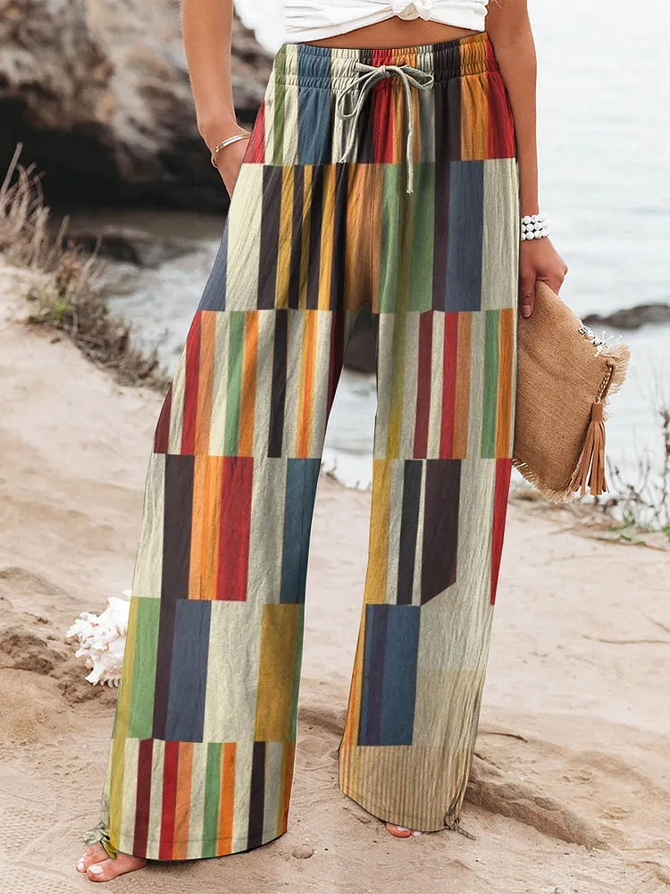 Women's Abstract Geometric Pattern Art Printed Cotton And Linen Casual Pants