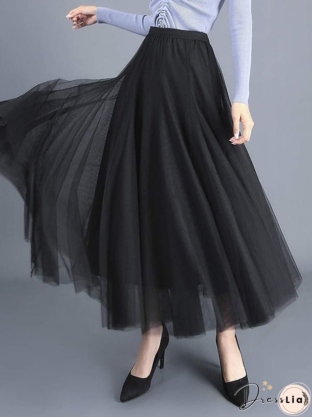 Women's Skirt Swing Tulle Long Skirt Maxi Black Pink Khaki Beige Skirts Pleated Layered Tulle Vintage Elegant Street S M L