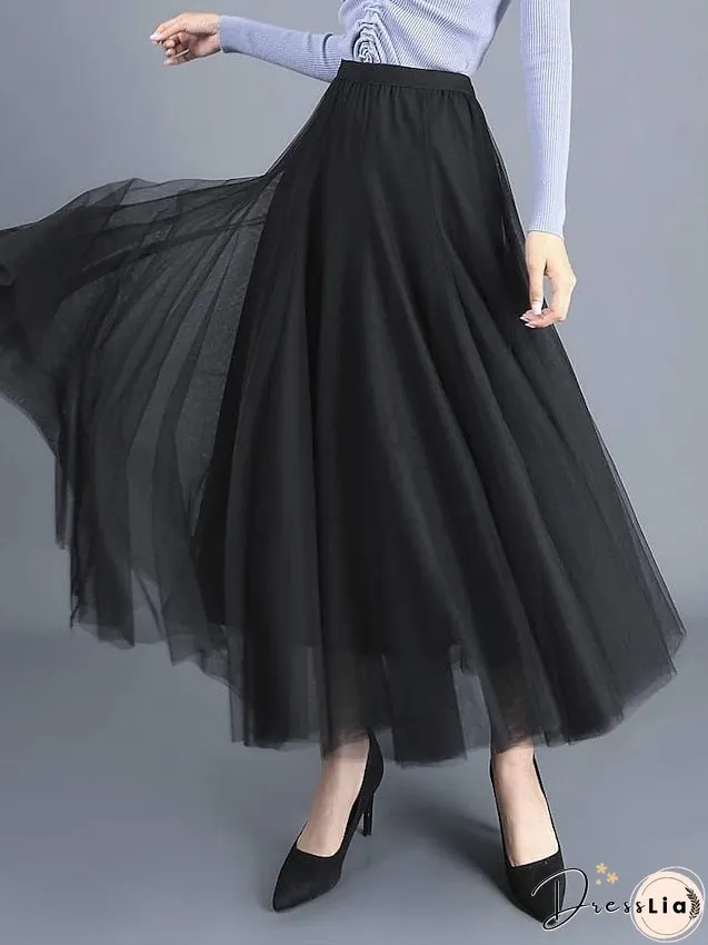 Women's Skirt Swing Tulle Long Skirt Maxi Black Pink Khaki Beige Skirts Pleated Layered Tulle Vintage Elegant Street S M L