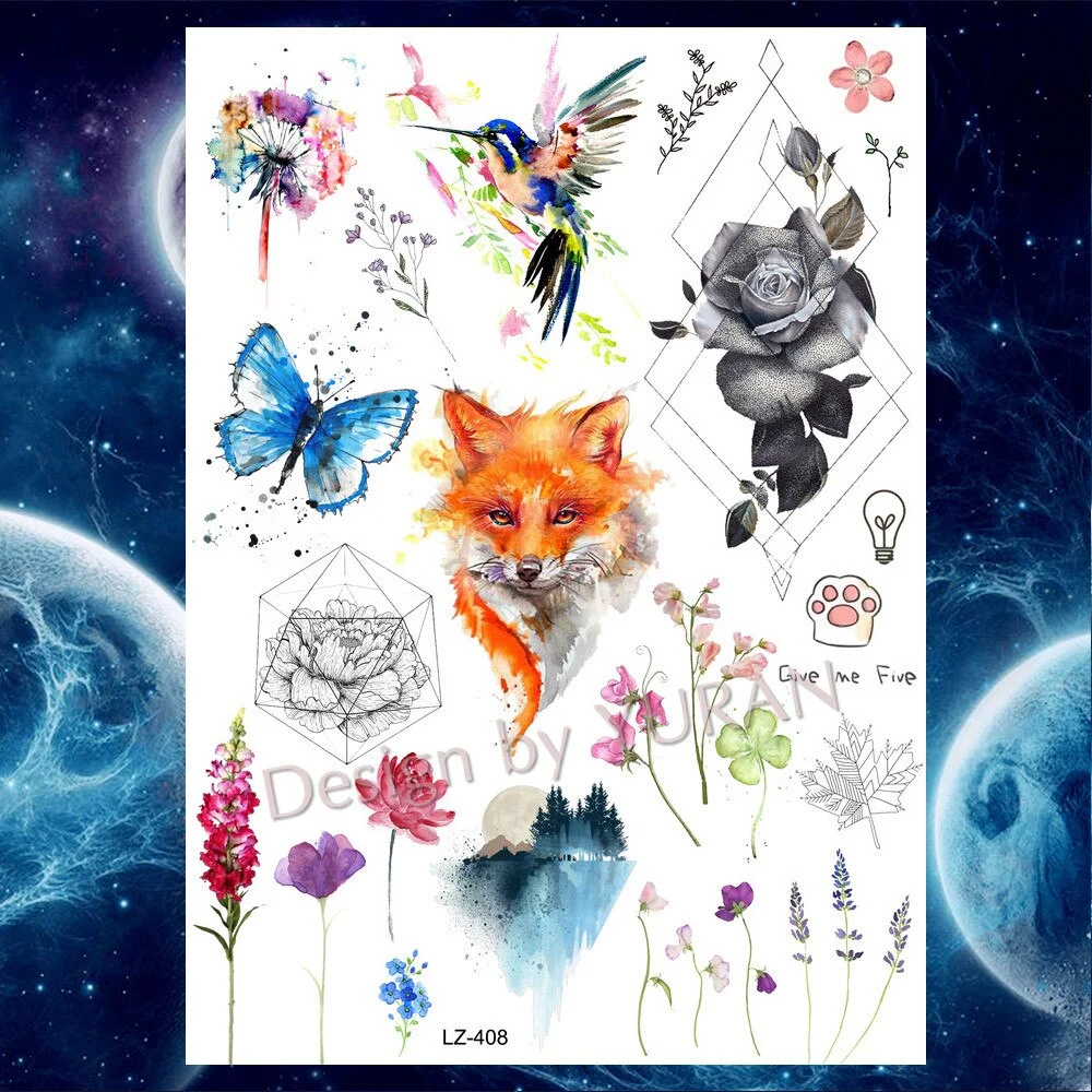 Tribal Forest Animals Black Galaxy Triangle Wolf Animals Temporary Tattoo Stickers Women Men Deer Tatoo Waterproof Arm Tattoos