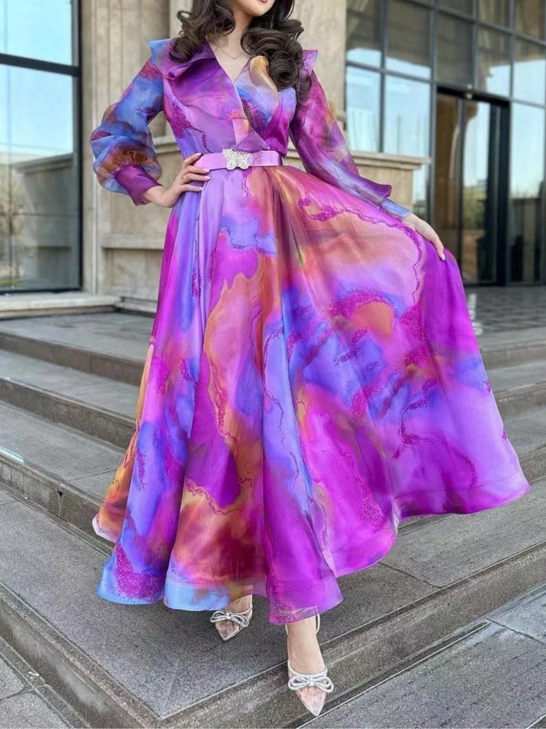 Printed Large Hem Mesh Commuting Simple Dress (belt Not Included) | Oxredo Shop Ramadan Sale