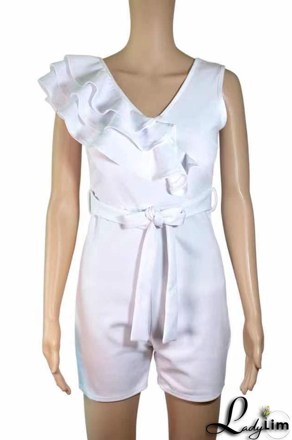 White Casual Solid Bandage Patchwork Flounce Oblique Collar Regular Jumpsuits